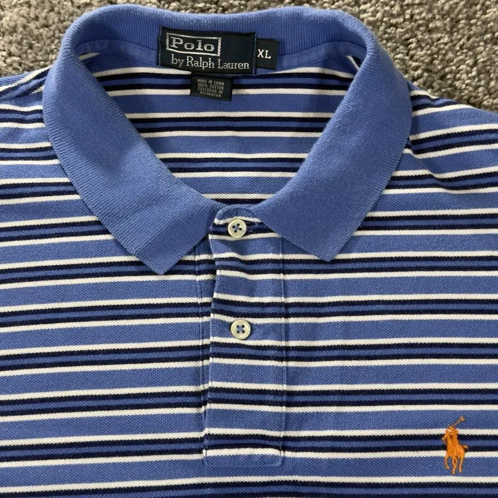 Ralph Lauren Polo Shirt Mens XL Blue White Stripe Short Sleeve Golf Preppy